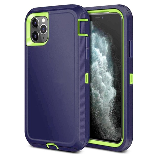 PST iPhone 13 Pro (6.1") hard case featuring a triple-layer shockproof design in a navy blue and lime green colour combination. The case includes reinforced corners for drop protection, raised edges for screen and camera safety, and a dust plug for the charging port. Designed for easy access to all buttons and ports, this heavy-duty defender case offers durable protection against scratches, dust, and impacts.