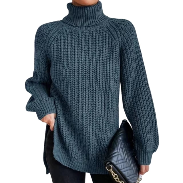 Innerwin Chandails à Col Roulé pour Femmes Chandail de Travail Manches Longues Ample Tricoté Gris Bleu TP