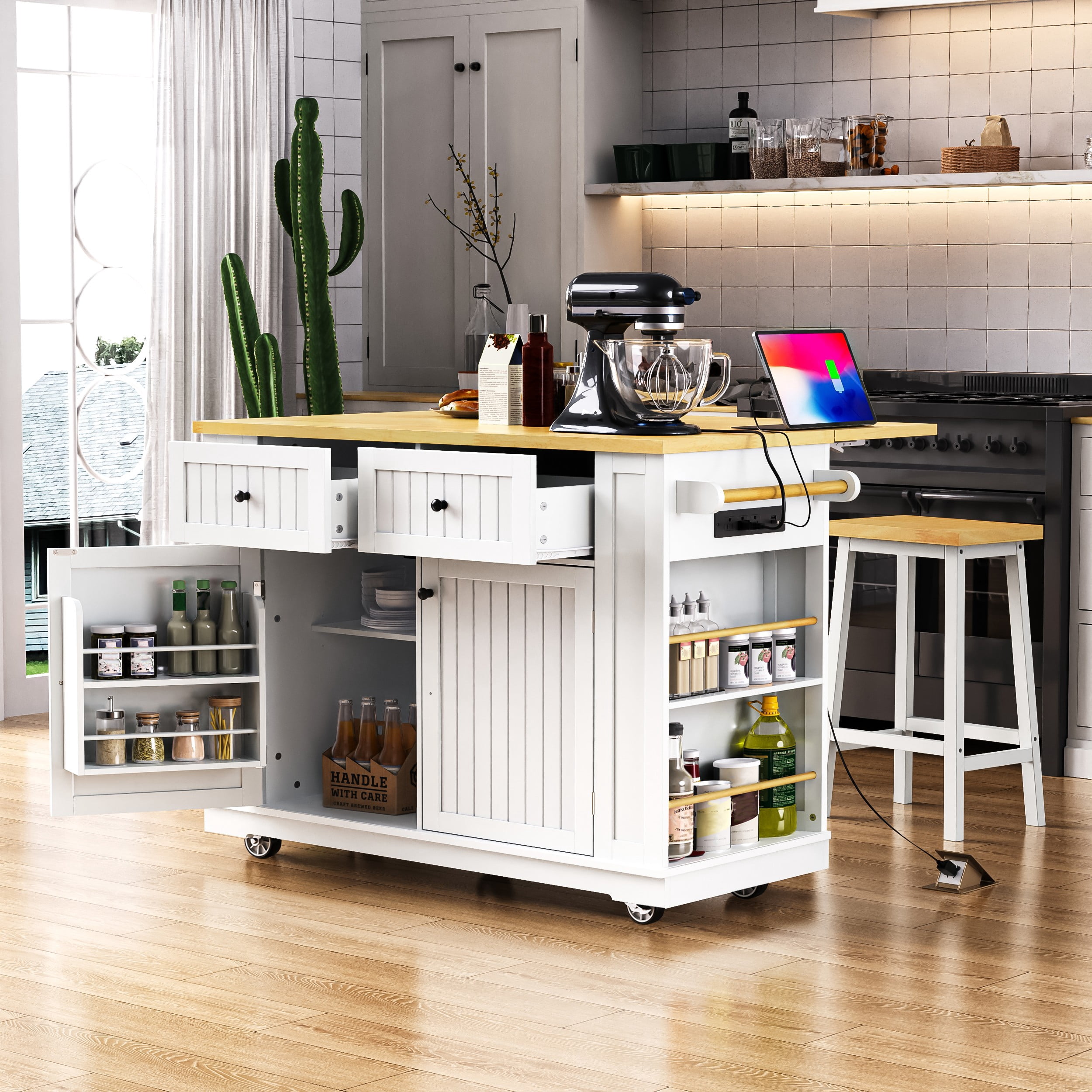 Noble House 48" Large Kitchen Island with Drop Leaf,5 Wheels 5 Open Side Racks,White