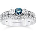 thumbnail image 1 of 3/4ct Round Blue Diamond 3-Stone Engagement Ring Wedding Set 10K White Gold, 1 of 2
