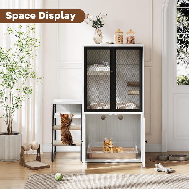 Royalbelle White Double Cat House, Litter Box Enclosure for 2 Cats with Storage