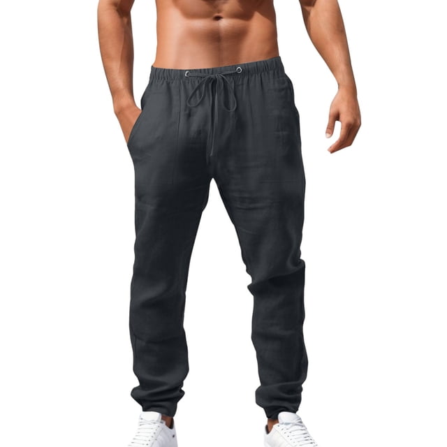Men's Loose Plus Cotton Linen Summer Breathable Casual Cropped Pants Solid Drawstring Sweatpants Joggers