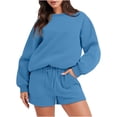 thumbnail image 1 of Ensemble de Survêtement pour Femmes avec Shorts, Tenue 2 Pcs pour l'Automne, Chandail à Manches Longues Décontracté Surdimensionné à Col Rond, Chandails Molletonnés à Enfiler, Shorts à Taille Élastique, Ensembles Assortis Bleu, 1 of 7
