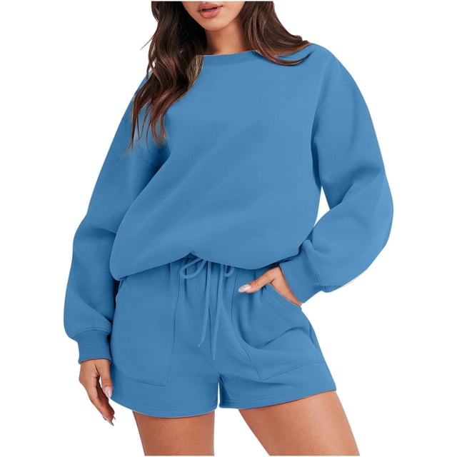 Ensemble de Survêtement pour Femmes avec Shorts, Tenue 2 Pcs pour l'Automne, Chandail à Manches Longues Décontracté Surdimensionné à Col Rond, Chandails Molletonnés à Enfiler, Shorts à Taille Élastique, Ensembles Assortis Bleu