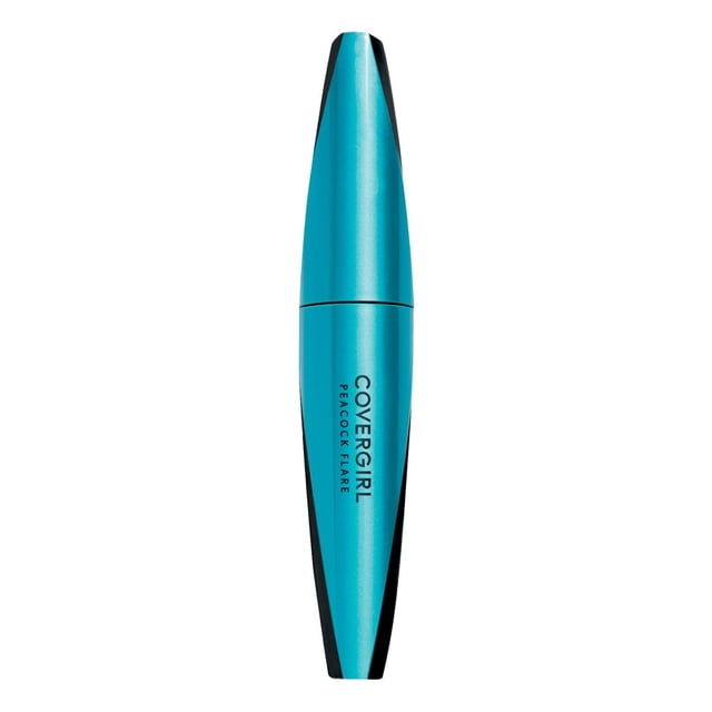 COVERGIRL Peacock Flare Mascara in a turquoise tube with black accents, featuring a soft-grip handle for precise application and a volume-boosting formula that creates thick, lush lashes, ideal for enhancing dramatic eye makeup looks.