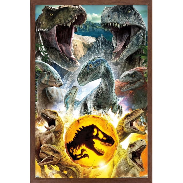Jurassic World: Dominion - Group Wall Poster, 22.375" x 34", featuring a detailed collage of dinosaurs including two large roaring Tyrannosaurus rex at the top, multiple Velociraptors in various poses, a Parasaurolophus on the left, and a glowing orange circular emblem with a black T. rex silhouette in the center, set against a mountainous background with a partly cloudy sky, printed on glossy poster paper suitable for home décor or party decoration.