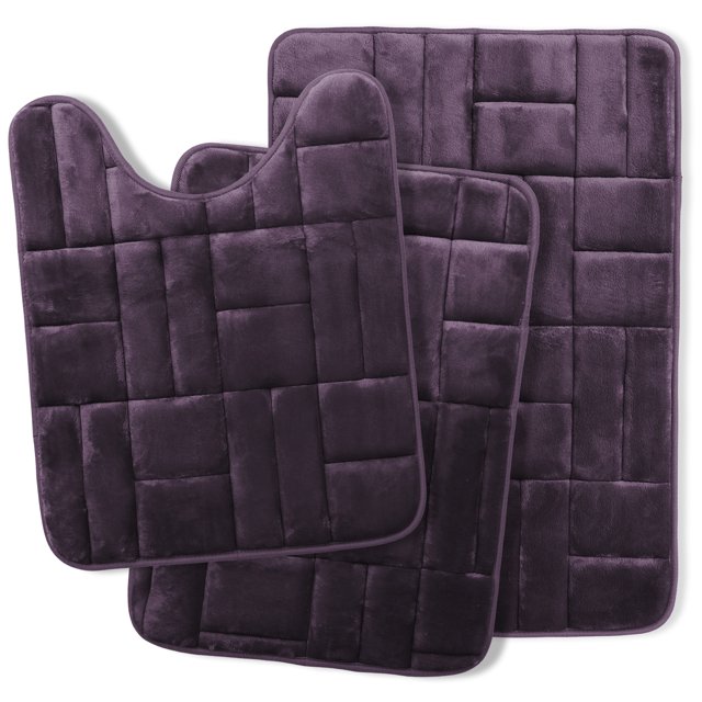 Clara Clark Bathroom Rugs, Velvet Memory Foam Bath Mat, Ultra Soft Non Slip and Absorbent - Tiled - Set Small, Large & Contour - Purple
