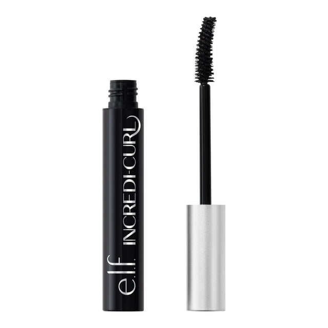 e.l.f. Cosmetics Incredi-Curl Mascara with a black tube and white vertical branding, featuring a silver cap attached to a curved, dense bristle brush designed to volumize and curl lashes for bold, lifted looks.