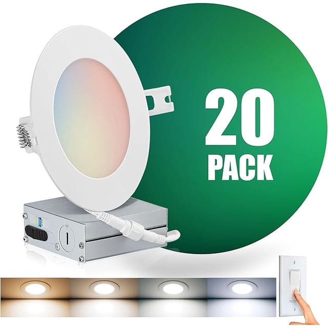 QPLUS 4Inch LED Recessed Slim Pot Light with Junction Box, 10W (=75W), 750 Lumens, Dimmable, IC Rated, ETL, Energy Star (4CS, 20 Pack)