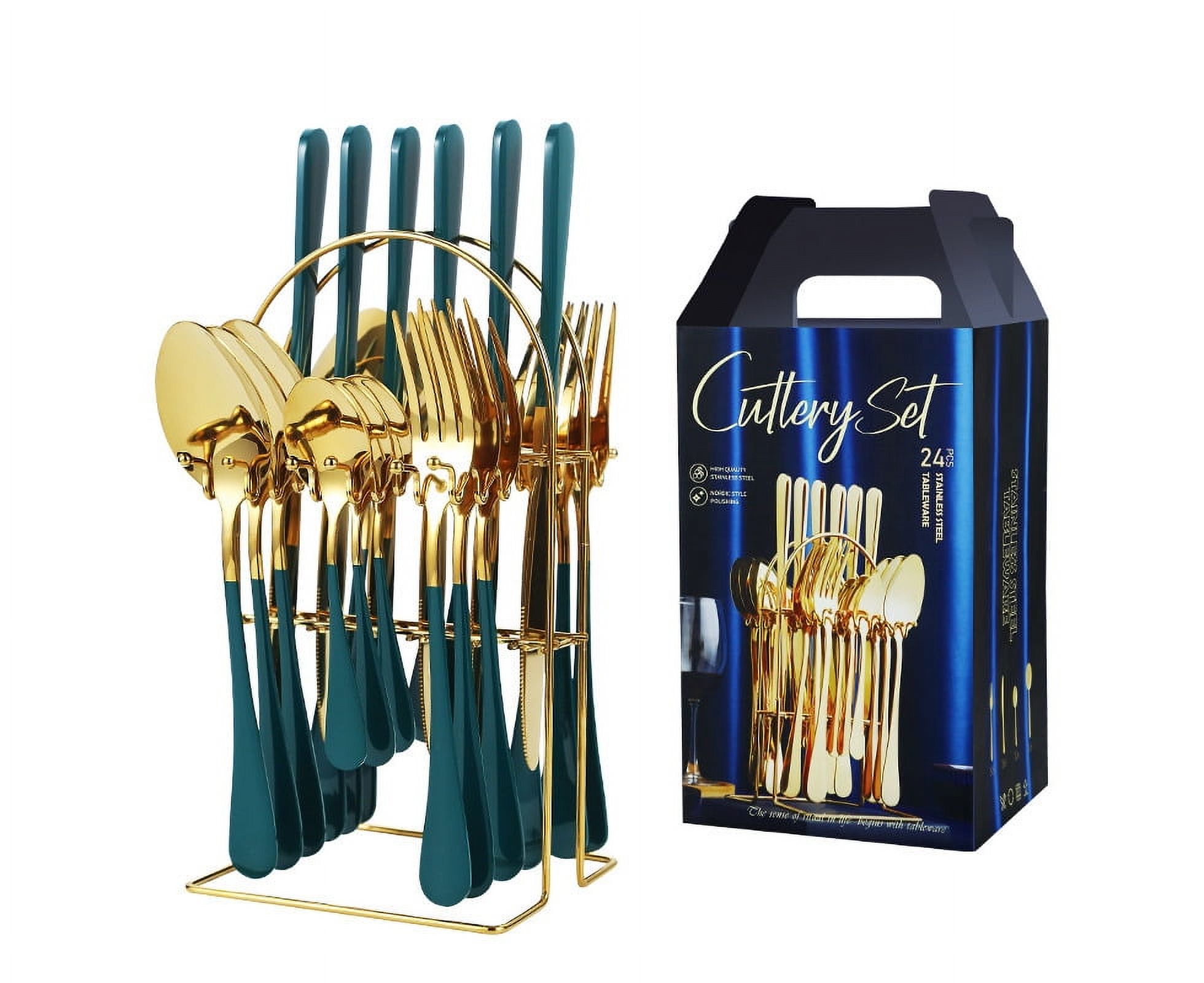 24-Piece Premium Food-Grade Stainless Steel Cutlery Set with Knife Block, Ergonomic Green Handles, Mirror Polished, Rust-Proof & Dishwasher Safe – Ideal for Daily Use, Parties, Weddings, Restaurants