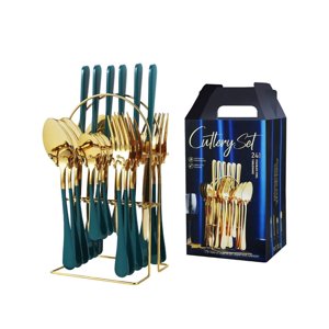 24-Piece Premium Food-Grade Stainless Steel Cutlery Set with Knife Block, Ergonomic Green Handles, Mirror Polished, Rust-Proof & Dishwasher Safe – Ideal for Daily Use, Parties, Weddings, Restaurants