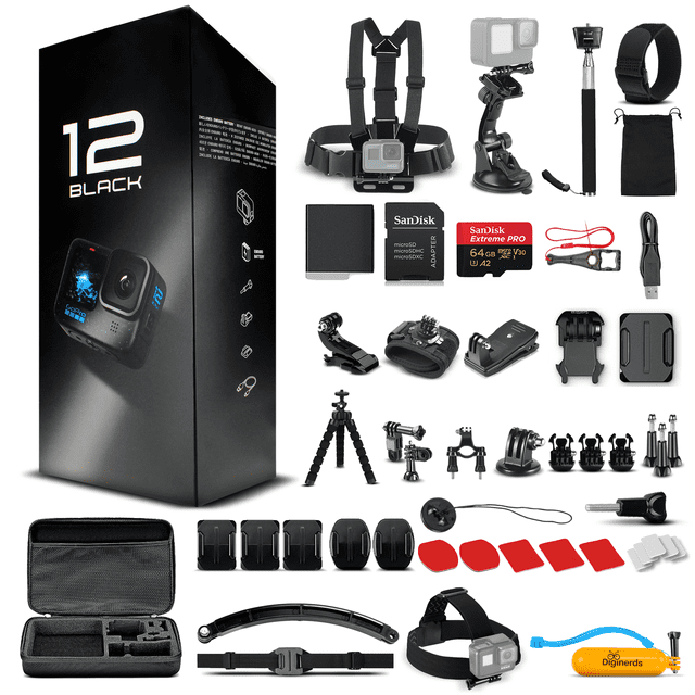 GoPro HERO12 Black waterproof action camera with front LCD and rear touch screens, 5.3K HD video, 27MP photos, and live streaming capabilities. Includes a 64GB SanDisk Extreme Pro microSDXC card and a 50-piece accessory kit with mounts, straps, a mini tripod, floating handle grip, and other action camera accessories. The packaging and accessories are displayed alongside the camera.