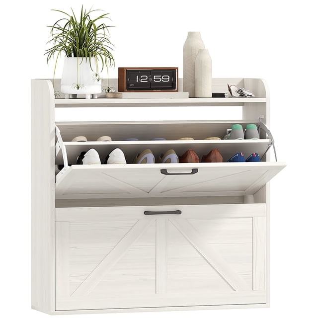 HOMCOM Armoire à Chaussures Étroite Armoire de Rangement pour Chaussures à 2 Tiroirs Basculants, Chêne Blanc