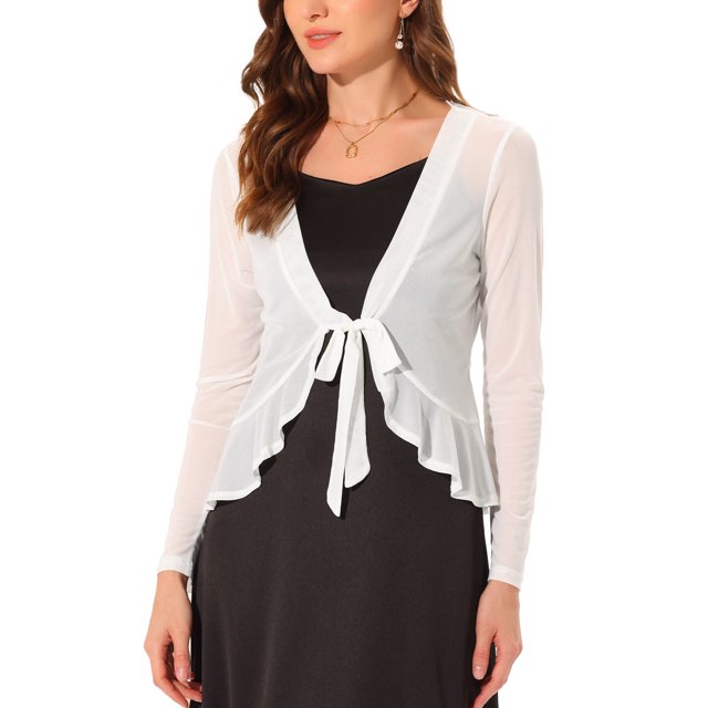 INSPIRE CHIC Boléros en Maille à Volants à Manches Longues Décontractés à Nouer Soi-Même pour Femmes Blanc P