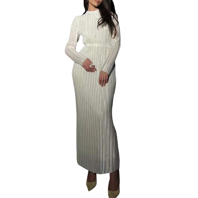 Faithtur Women's Spring Autumn Long Dress Solid Color Long Sleeve Half High Neck Ruched Tie Up Dress