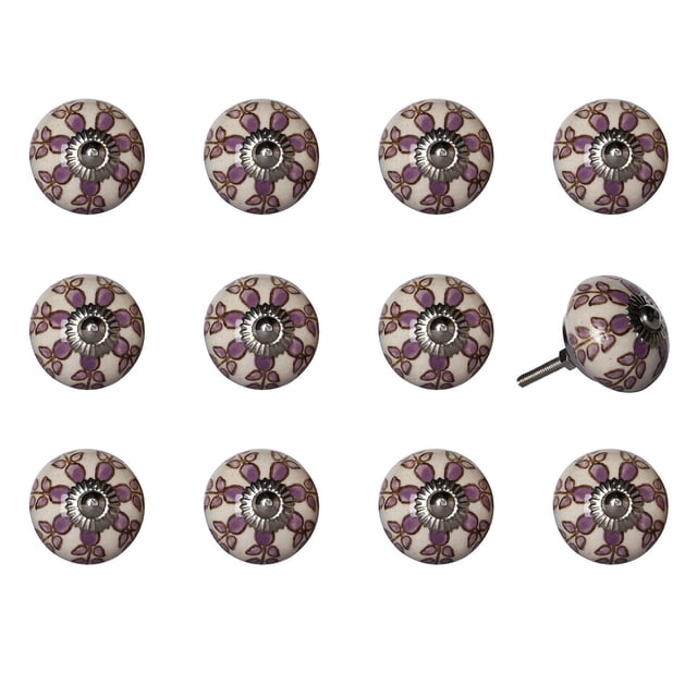 KNOB-IT vintage handpainted ceramic knobs 12-pack with round 1.5-inch diameter knobs featuring purple floral patterns and metal centers, arranged in rows on white background, one knob angled to show 1.25-inch bolt, ideal for cabinets and drawers