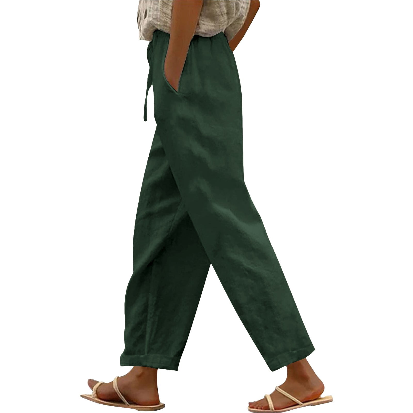 Women's Casual Linen Pants - High Waist with Side Pockets - Spring/Summer Long Pants