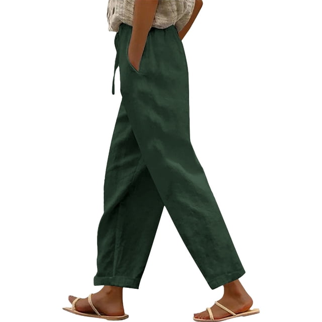 Women's Casual Linen Pants - High Waist with Side Pockets - Spring/Summer Long Pants