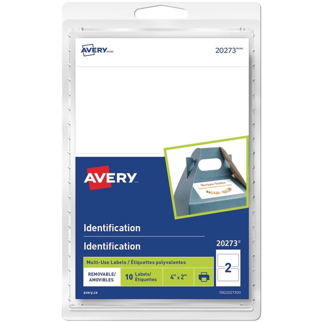 Avery Removable White Identification Labels, 2" x 4" - 20273, package of 10 removable multi-use labels that adhere cleanly to smooth surfaces like paper, plastic, and glass, suitable for printing or handwriting, shown with a sample label on a blue cardboard box.