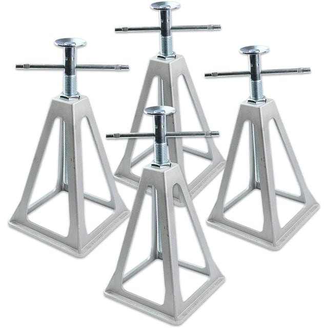 Stanz (TM) 4PCS RV Trailer Camper Aluminum 6,000 lbs 17” Extends Stabilizer Stacker Jack Stand. Four aluminum jack stands with adjustable height from 11 to 17 inches, featuring a threaded rod with a T-handle for precise adjustments. Each jack supports up to 6,000 pounds and includes a 6.1” x 6.1” x 8.75” base for stability. Designed for RV, camper, and trailer leveling and stabilization, with corrosion-resistant construction and stackable design for compact storage.