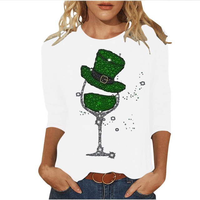 Besolor T-Shirts de la Saint-Patrick pour Femmes Imprimé Col Rond Manches 3/4 Tunique Décontractée Blouse d'Été Ample