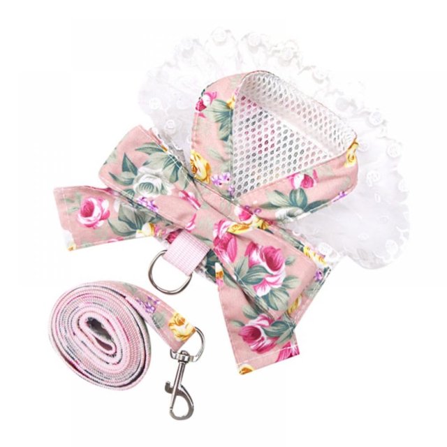 Dog Bowknot Harness with Leash Set For Small Medium Dogs Cat Lace Print Fashion Party