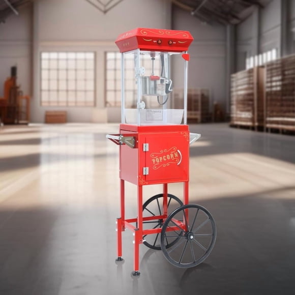 Machine à Maïs Soufflé avec Chariot, avec Roues et Pot de 6 Oz, Fabricant de Maïs Soufflé en Acier Inoxydable avec Cuillère à Huile, Chariot Mobile avec Casiers pour Cinéma Maison Commercial Style Vintage (Rouge)