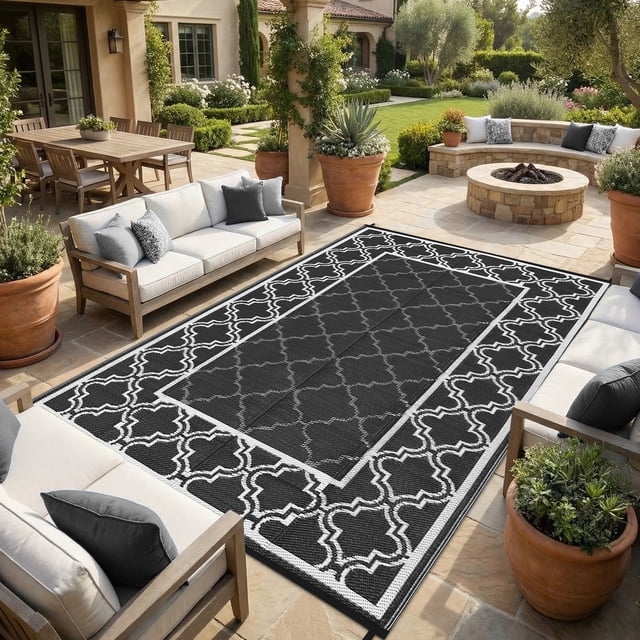 Reversible Outdoor Rug, Waterproof Plastic Straw Mat – Durable, UV-Resistant, Easy-Clean, Non-Shedding Patio Carpet for Deck, Porch, Balcony, Backyard, Camping, RV Use