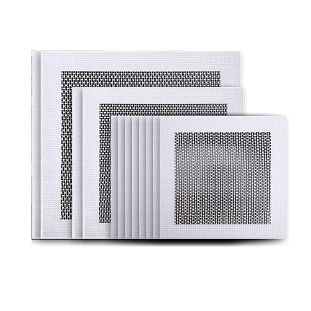 Ensemble de Réparation pour Cloison Sèche, Ensemble de 12 Pcs de Patchs de Réparation de Murs en Aluminium avec Patchs en Maille de fibre de 4 Pouces, 6 Pouces et 8 Pouces. l'Image Affiche un Ensemble de Patchs de Réparation en Aluminium Autocollants de Différentes Tailles, Idéal pour Fixer des Trous dans les Murs. Ces Patchs Légers et Durables Offrent une Finition en Métal Argenté et un Endos en Maille de fibre pour une Adhérence Forte, Convenant à une Utilisation dans les Cuisines, les Bureaux et les Usines.