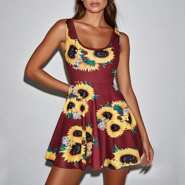 Ovzne Robes pour Femmes Robe d'Été Femme Sans Manches Imprimé Tournesol Été Plage Ligne A Robe Décontractée Grande Taille Robe Maxi Imprimée Liquidation