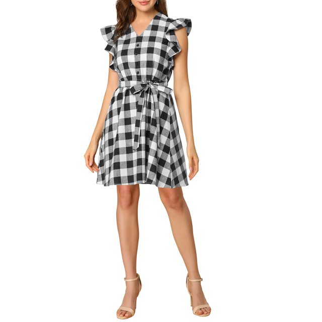 INSPIRE CHIC Robe Courte à Carreaux pour Femme à Col en V, Manches Volantées, Ceinturée, S Noir