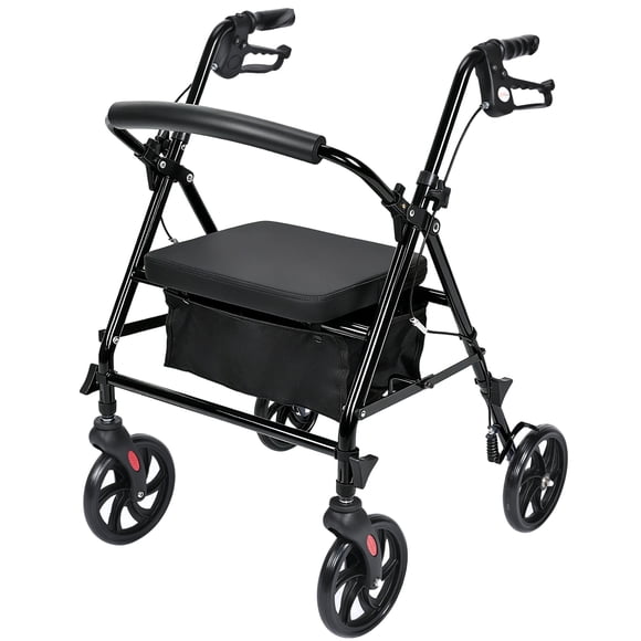 Folding Rollator Walker with Wide Seat for Seniors, 8" Wheels and Convenient Storage Bag, Adjustable Handle Height, Supports up to 300 lbs, Black