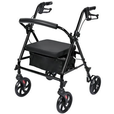 Déambulateur à 4 Roues pour Aînés, Marchette Pliante Aide à la Mobilité avec Siège Grand de 14 Pouces X 12 Pouces, Roues de 8 Pouces, Capacité de 300 lb, Pochette de Rangement, Hauteur Ajustable, Noir