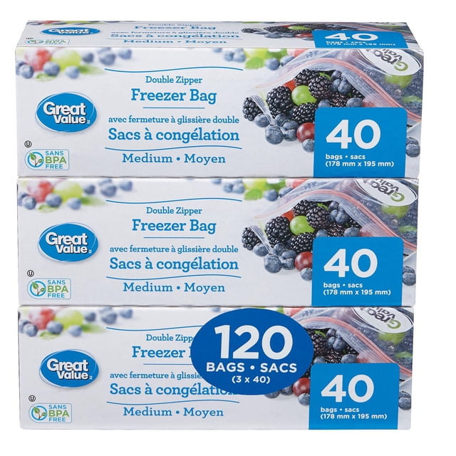 Great Value Double Zipper Freezer Bag pack containing 120 medium freezer bags (3 boxes of 40), each measuring 178 mm by 195 mm, BPA-free plastic with double zipper seal, shown with mixed berries on packaging, suitable for freezer food storage.