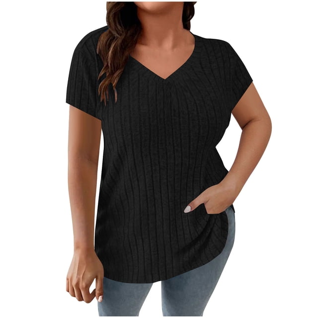 Liquidation d'Économies! Hauts Oversize pour Femmes en Liquidation, Blouse d'Été à Manches Courtes pour Femmes, Haut d'Été pour Femme Grande Couleur Unie à Col Rond en Tricot à Rayures à Manches Courtes