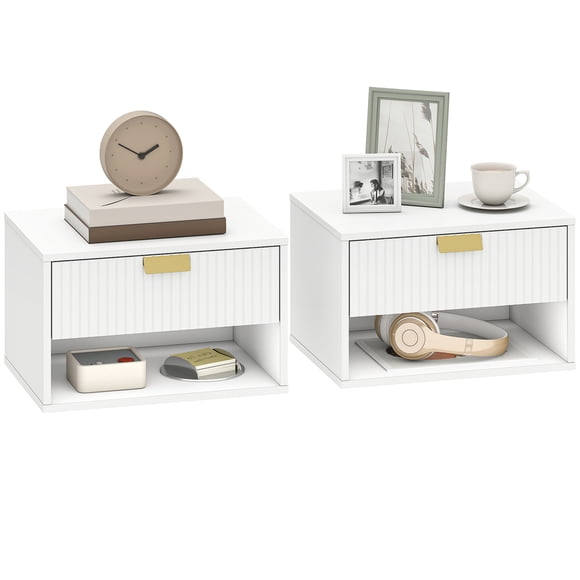 HOMCOM Tables de Nuit Flottantes Ensemble de 2 avec Tiroir Cannelé Étagère Ouverte Blanc