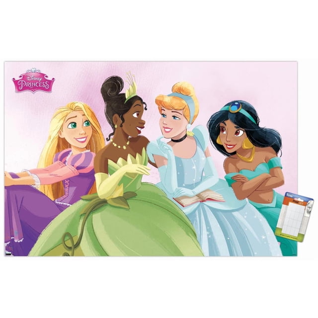Disney Ultimate Princess Celebration - Group Wall Poster, 22.375" x 34" framed featuring four Disney princesses in vibrant gowns: one in purple with long blonde hair, one in a green dress with yellow gloves and a tiara, one in a sparkling light blue gown holding an open book, and one in a turquoise outfit with gold jewelry and a headband, set against a soft pink background with the Disney Princess logo and adhesive PostUps tabs for damage-free hanging.