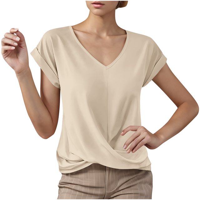 T-shirts d'Été pour Femmes à Col en V, Manches Courtes, Hauts Décontractés, Couleur Unie, T-Shirts Basiques
