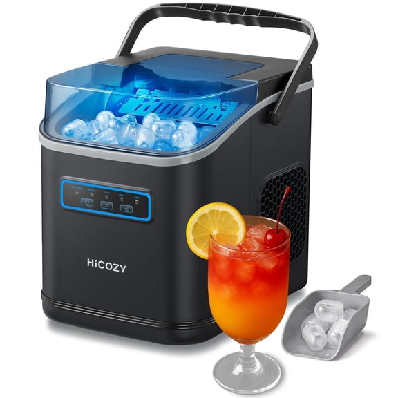 HiCOZY Clear View Ice Maker Countertop, Self-Cleaning Ice Machine with Ambient Lights, Ice in 6Mins, 26 lbs/Day, 2 Sizes of Bullet Ice for Apartment/Kitchen/Office/Home Bar, Black
