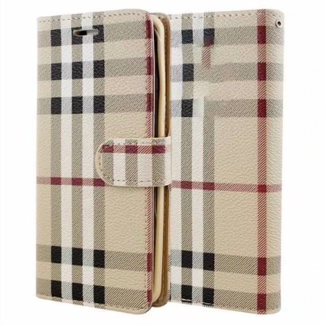PST iPhone 17 Pro Max Wallet Case, Leather Magnetic Card Slot Wallet Folio Flip Case Cover in a beige plaid pattern. The case features multiple credit card slots, a pocket for bills or receipts, and a magnetic clasp for secure closure. Made from premium synthetic leather with a TPU inner case for shock absorption and drop protection. The design also allows the case to convert into a media stand.