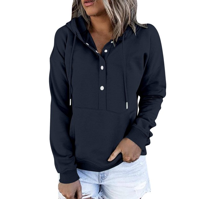 Timegard Hoodies for Women Button Long Sleeve Sweatshirts Pullover Fall Winter Loose Top with Pocket
