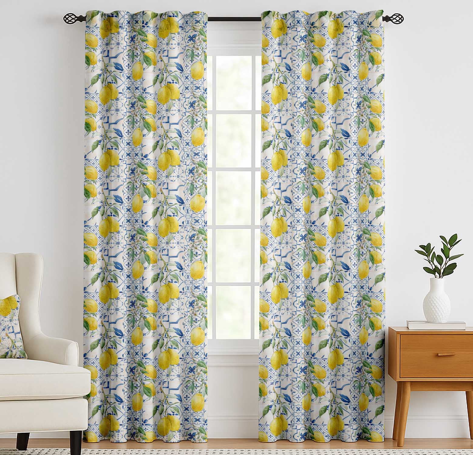 Vargottam Cotton Rod Pocket/Back Tab Curtains - 96" Floor-Length Drapes for Long Doors or Large Windows - Light Filtering, 3-in-1 Header - Set of 2, 52"x96" - Lemon And Vine Print (Yellow)