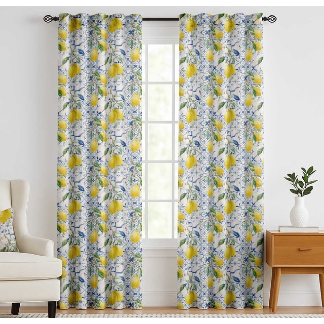 Vargottam Cotton Rod Pocket/Back Tab Curtains - 96" Floor-Length Drapes for Long Doors or Large Windows - Light Filtering, 3-in-1 Header - Set of 2, 52"x96" - Lemon And Vine Print (Yellow)