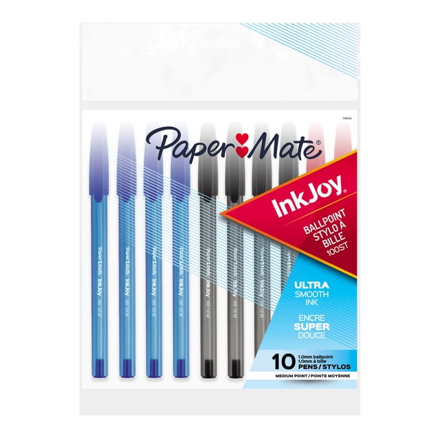 Paper Mate InkJoy 100ST Stylos à Bille, Pointe Moyenne 1,0 mm, Couleurs Assorties, Lot de 10 avec 4 Stylos Bleus, 4 Noirs et 2 Rouges avec Barillets et Capuchons Translucides et Encre Ultra Lisse pour des Lignes d'Écriture Nettes et Fluides, Idéal pour le Bureau et l'École.