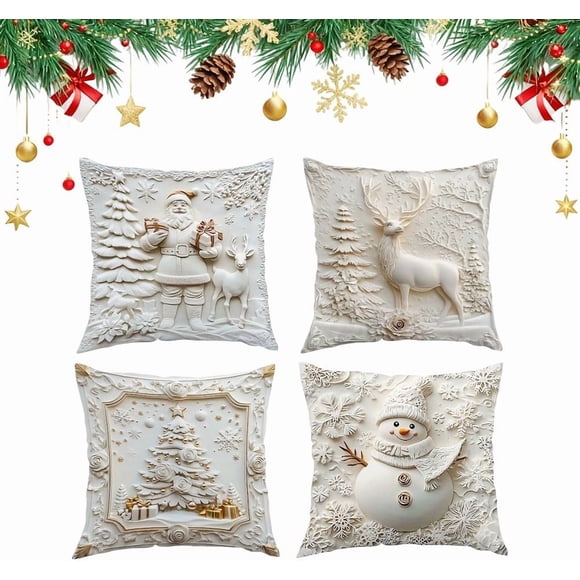 Juego de 4 fundas de cojín de Navidad, fundas de cojín con temática navideña, fundas de almohada navideñas de terciopelo suave, impresión de un solo lado, cojín para el hogar, sofá, sala de estar