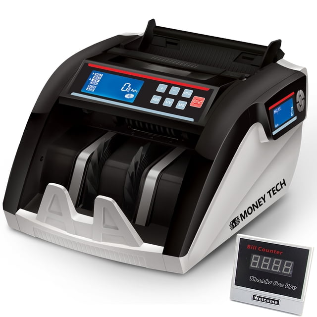 Money Tech Polymer & Paper Multi-Currency Bill Cash Counter with a sleek black and white design, dual LCD screens, and UV counterfeit detection. Designed for Canadian polymer and USD banknotes, it features batch counting, auto start, and a large hopper. Includes an external LED display for enhanced usability.