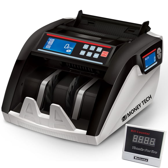 Money Tech Polymer & Paper Multi-Currency Bill Cash Counter. Canadian Plastic & USD Banknote Counting Machine with Counterfeit Detection and LCD Screens