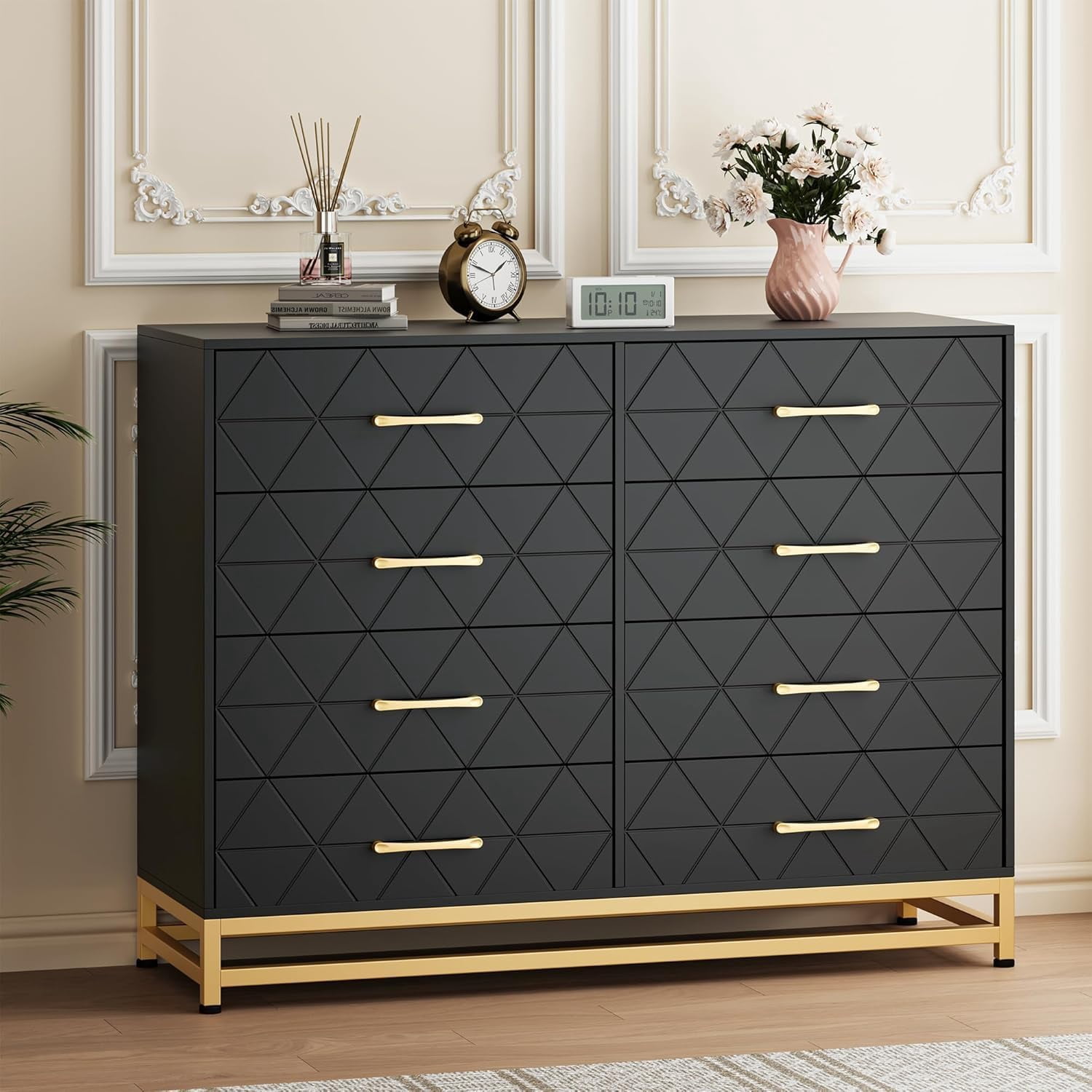 Dresser with 8 Drawers for Bedroom Large Storage Tower Wooden Chest of Drawers with 8 Storage Drawer for Bedroom Wide with Drawer Organizer Dresser for Living Room, Closet, Hallway, Black