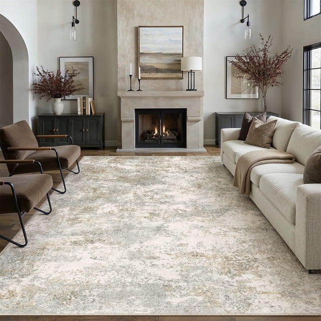 BERTHMEER 8'x10' Area Rugs for Living Room Bedroom Dining Room Office Farmhouse Abstract Neutral Distressed Contemporary Machine Washable Rugs Carpets, Gray Golden