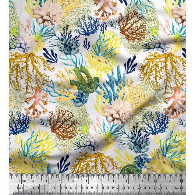 Soimoi Polyester Crepe Fabric Coral Ocean Decor Fabric Printed Yard 42 Inch Wide